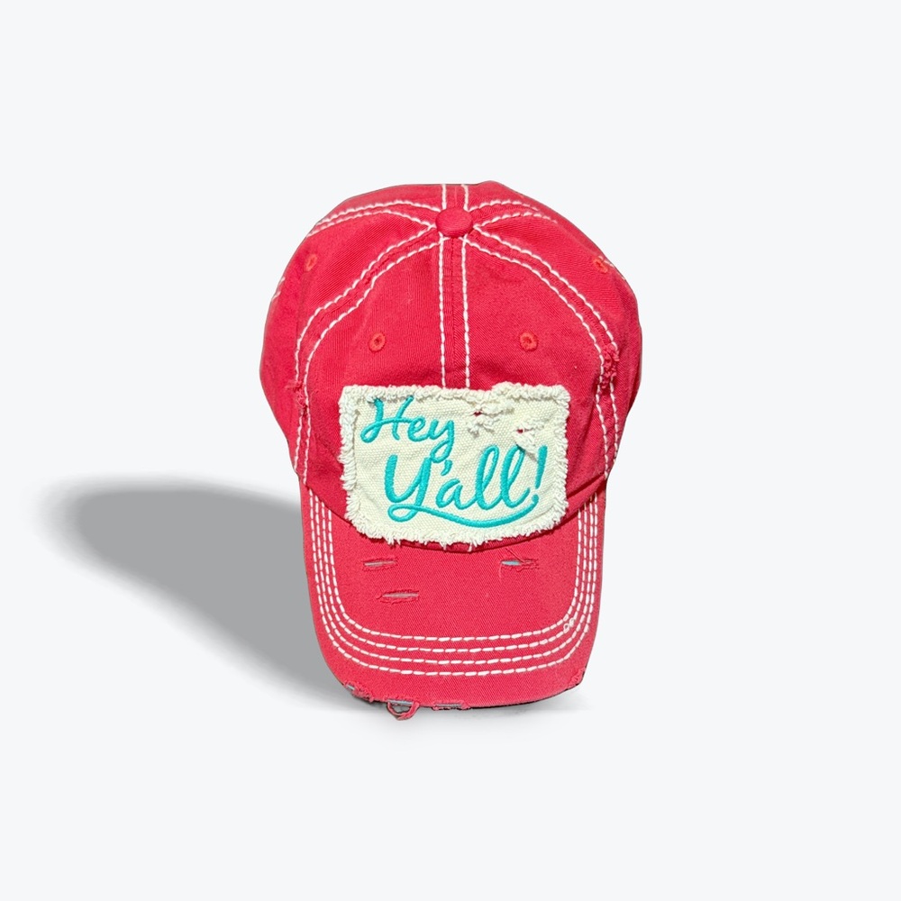 Vintage Style HEY YALL Distressed Red Adjustabe Baseball Cap